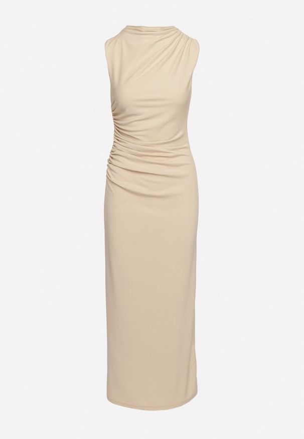 Born2be - Beżowa Dopasowana Sukienka Bodycon z Dekoracyjnym Marszczeniem Bez Rękawów Tykena. Okazja: na imprezę. Kolor: beżowy. Długość rękawa: bez rękawów. Typ sukienki: bodycon. Styl: wizytowy