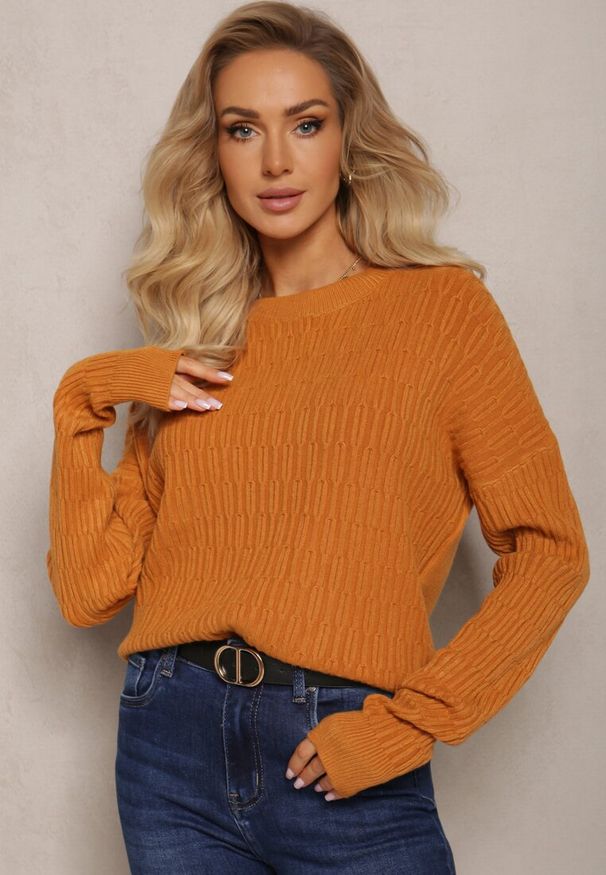 Renee - Brązowy Sweter z Tłoczeniami o Klasycznym Fasonie Sigune. Kolor: brązowy. Wzór: jednolity. Sezon: jesień, zima. Styl: klasyczny