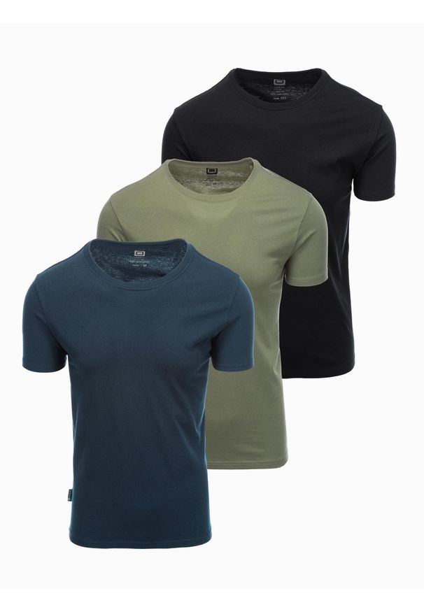 Ombre Clothing - Zestaw męskich bawełnianych t-shirtów BASIC z okrągłym dekoltem – czarny/granatowy/khaki V3 OM-TSBS-0232 - XXL. Okazja: na co dzień. Kolor: niebieski. Materiał: bawełna. Styl: casual, klasyczny