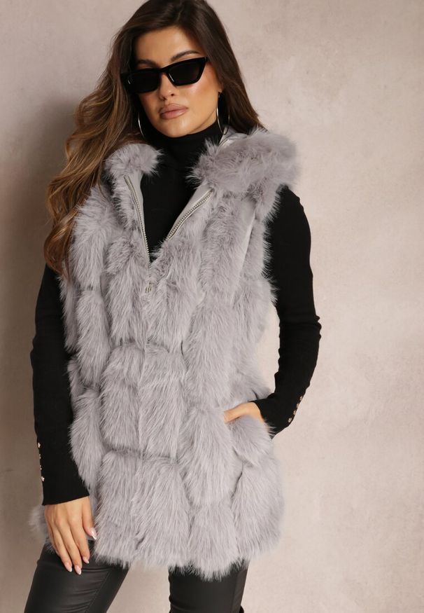Renee - Szara Futrzana Kamizelka z Kapturem Konessa. Typ kołnierza: kaptur. Kolor: szary. Materiał: futro