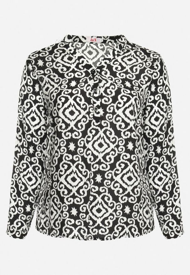 Born2be - Czarno-Biała Wiskozowa Bluzka Zapinana na Guziki w Geometryczny Print Perita. Kolor: czarny. Materiał: wiskoza. Wzór: geometria, nadruk. Sezon: lato