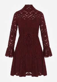 Born2be - Bordowa Koronkowa Sukienka z Wiązaniem Półgolfem i Falbankami Alnefera. Okazja: na co dzień. Typ kołnierza: kołnierz z falbankami. Kolor: czerwony. Materiał: koronka. Długość rękawa: na ramiączkach. Styl: klasyczny, casual #6