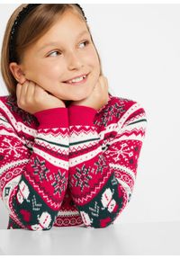 bonprix - Sukienka dzianinowa dziewczęca w zimowy deseń. Kolor: czerwony. Materiał: dzianina. Wzór: gładki, prążki, aplikacja, ze splotem. Sezon: zima #2