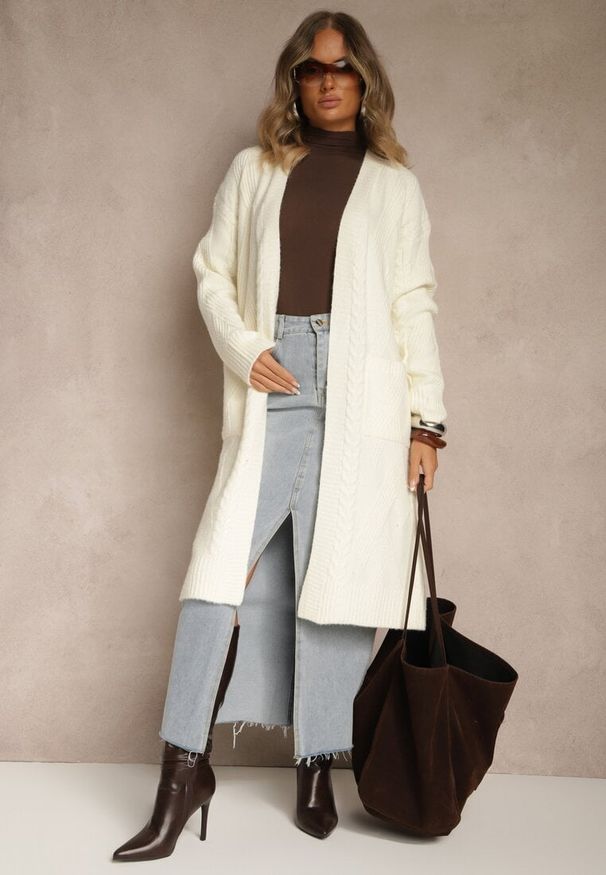Renee - Jasnobeżowy Tłoczony Kardigan z Wełną o Kroju Bez Zapięć z Paskiem Dorrive. Okazja: na co dzień. Kolor: beżowy. Materiał: wełna. Styl: casual, elegancki