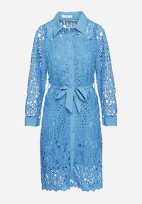 Born2be - Niebieska Ażurowa Sukienka Koszulowa Mini z Wiązanym Paskiem Jolira. Kolor: niebieski. Materiał: tkanina, materiał. Wzór: ażurowy. Typ sukienki: koszulowe. Długość: mini #3