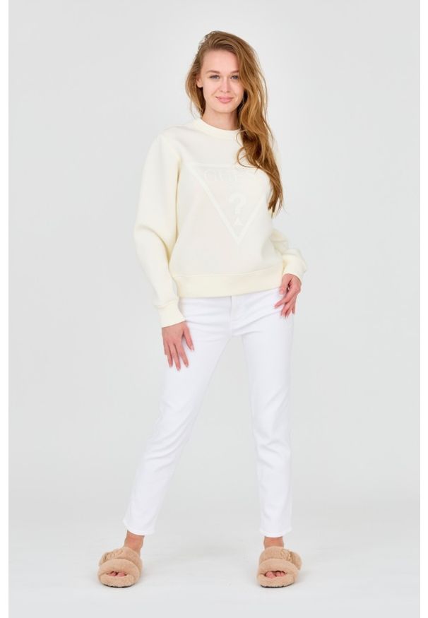 Guess - GUESS Damska bluza w kolorze ecru z dużym logo. Kolor: biały. Materiał: wiskoza