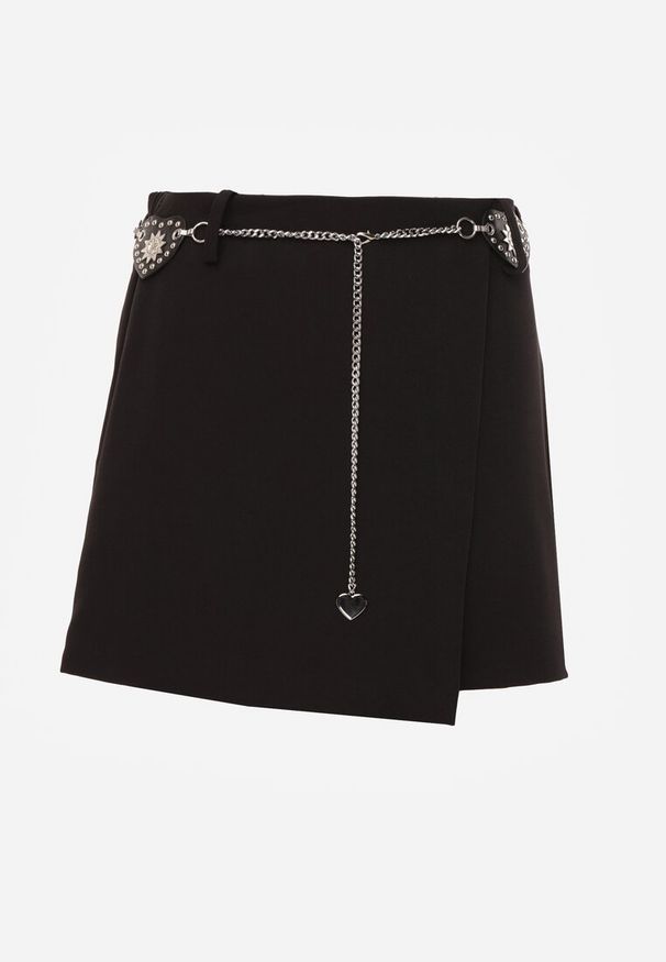 Born2be - Czarne Spódnico-Szorty Ozdobione Łańcuszkiem i Sercami Rhenara. Okazja: na co dzień. Kolor: czarny. Materiał: jeans. Wzór: aplikacja. Styl: casual