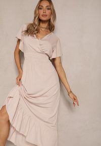 Renee - Beżowa Rozkloszowana Sukienka z Wiskozy z Kopertowym Dekoltem Rellrive. Kolor: beżowy. Materiał: wiskoza. Sezon: lato. Typ sukienki: kopertowe