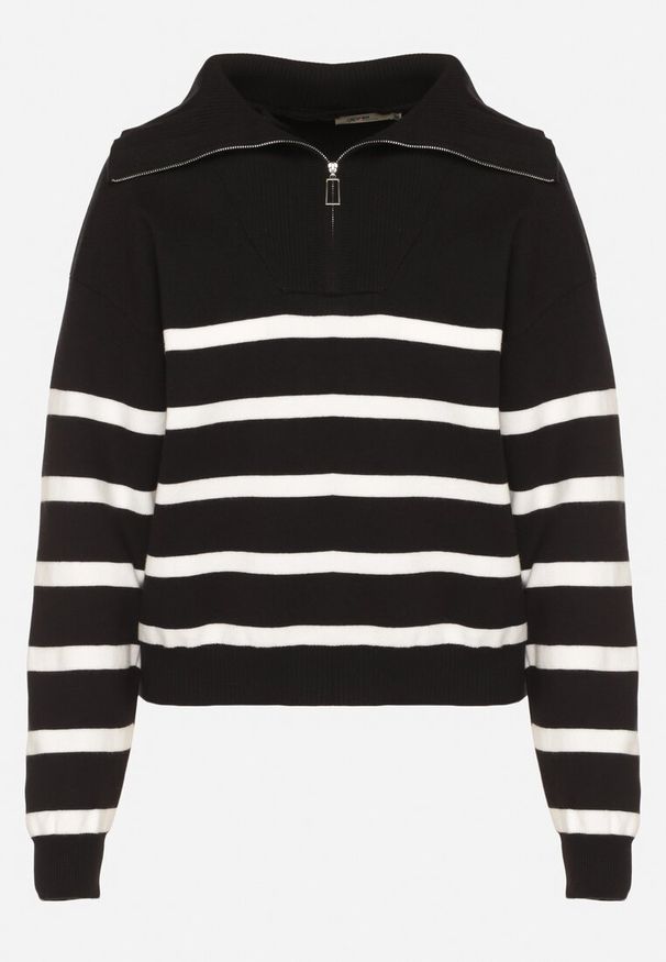 Born2be - Czarno-Biały Golf Sweter Zapinany na Suwak w Paski Sakine. Typ kołnierza: golf. Kolor: czarny. Wzór: paski