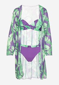 Renee - Fioletowo-Zielone Bikini Majtki Figi Biustonosz i Siateczkowa Narzutka Folanisse. Kolor: fioletowy