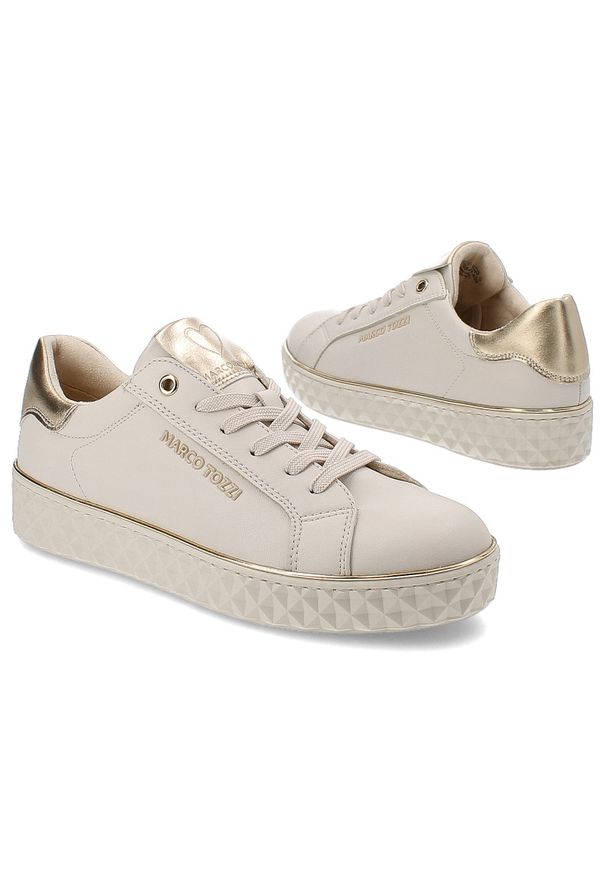 Beżowe Sneakersy Marco Tozzi Sportowe Obuwie Damskie. Zapięcie: sznurówki. Kolor: beżowy. Materiał: materiał, guma. Wzór: geometria