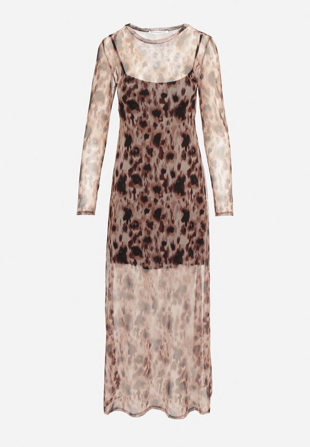 Born2be - Czarno-Beżowa Sukienka z Siateczki w Panterkę z Elastyczną Halką Delafira. Kolor: czarny. Materiał: materiał, skóra. Długość rękawa: długi rękaw. Wzór: motyw zwierzęcy. Styl: elegancki, klasyczny, wizytowy