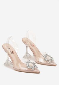 Born2be - Beżowe Sandały z Transparentną Cholewką z Obcasem Typu Klepsydra i Cyrkoniami Vlomena. Kolor: beżowy. Szerokość cholewki: normalna. Wzór: aplikacja. Obcas: na obcasie. Wysokość obcasa: średni #3