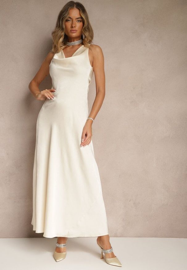 Renee - Jasnobeżowa Taliowana Sukienka Vices Wiązana przy Karku Zinvea. Okazja: na co dzień. Kolor: beżowy. Typ sukienki: proste. Styl: elegancki, casual