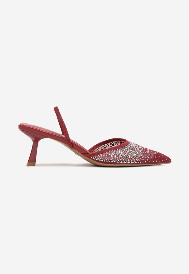 Renee - Bordowo-Czerwone Eleganckie Sandały na Obcasie Kaczuszka Bez Pięty z Cyrkoniami Elimira. Nosek buta: otwarty. Kolor: czerwony. Materiał: materiał. Wzór: aplikacja. Sezon: lato. Obcas: na obcasie. Styl: elegancki. Wysokość obcasa: średni