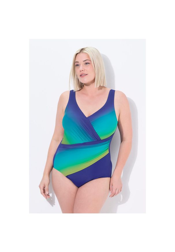 ULLA POPKEN - Damski Kostium kąpielowy cieniowanie miękkie miseczki drapowanie. Kolekcja: plus size. Kolor: niebieski. Materiał: elastan, poliamid, materiał