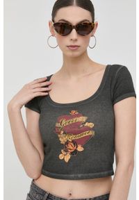 Guess t-shirt damski kolor szary. Kolor: szary. Materiał: materiał, dzianina, prążkowany. Długość rękawa: krótki rękaw. Długość: krótkie. Wzór: nadruk #4