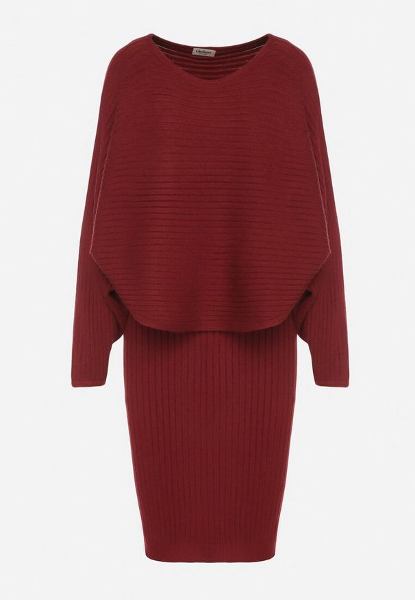 Born2be - Bordowy Dzianinowy Komplet Prążkowany Sukienka i Sweter o Kroju Nietoperz Wederela. Kolor: czerwony. Materiał: prążkowany, dzianina