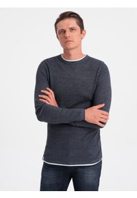 Ombre Clothing - Bawełniany sweter męski z okrągłym dekoltem - granatowy melanż V3. Kolor: niebieski. Materiał: bawełna. Wzór: melanż. Styl: klasyczny #3