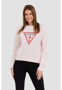 Guess - GUESS Różowa damska bluza z dużym logo Original Fleece, Rozmiar M. Kolor: różowy. Materiał: materiał, poliester, bawełna. Długość rękawa: długi rękaw. Długość: długie. Styl: klasyczny
