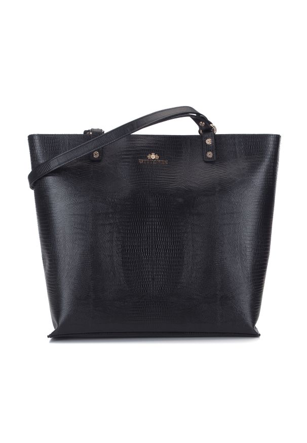 Wittchen - Shopperka ze skóry lizard trapezowa. Kolor: czarny. Wzór: haft. Dodatki: z haftem. Materiał: skórzane. Styl: klasyczny, elegancki, casual. Rodzaj torebki: do ręki