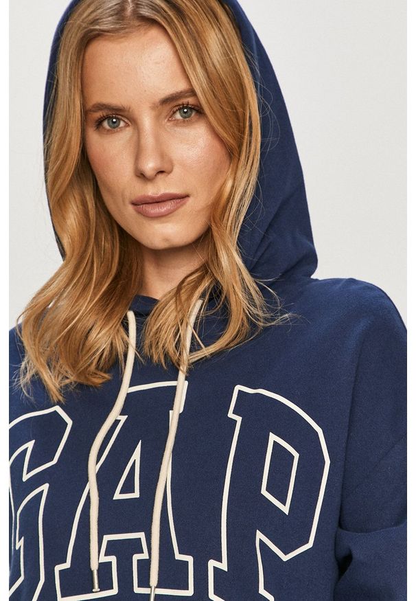 GAP - Bluza. Okazja: na co dzień. Typ kołnierza: kaptur. Kolor: niebieski. Materiał: dzianina. Długość rękawa: długi rękaw. Długość: długie. Styl: casual
