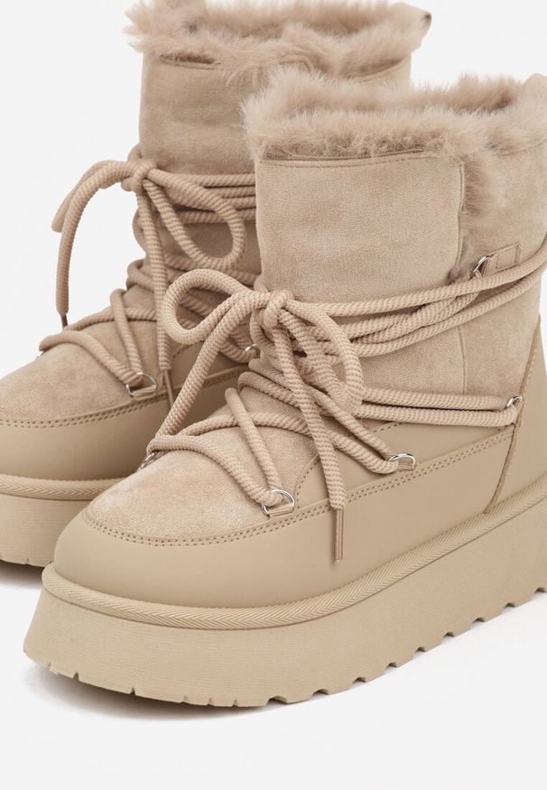 Born2be - Ciemnobeżowe Śniegowce na Grubej Podeszwie z Futerkiem Alwedra. Okazja: na co dzień. Kolor: beżowy. Materiał: futro. Styl: sportowy, casual, elegancki