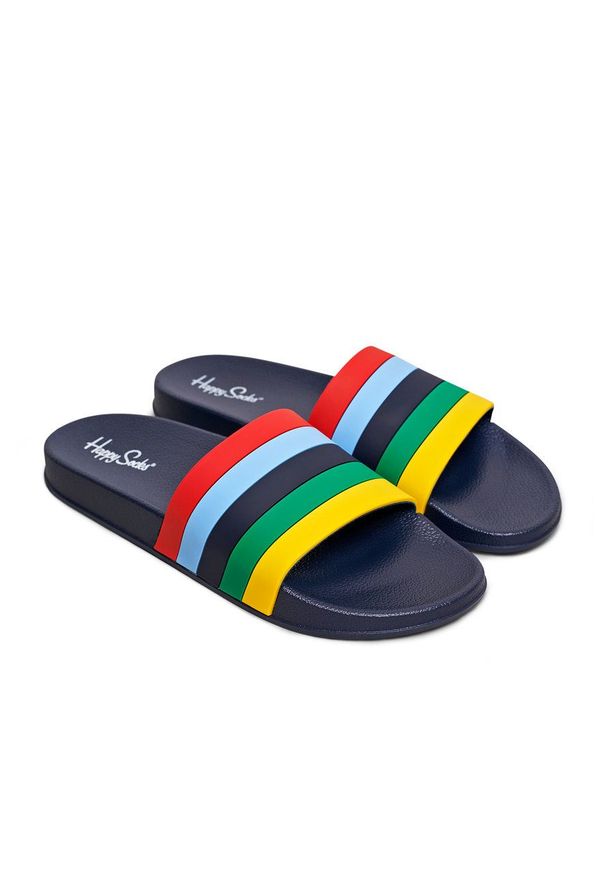 Happy-Socks - Happy Socks - Klapki Pool Slider Stripe. Kolor: niebieski. Materiał: materiał