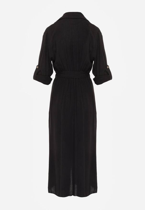 Born2be - Czarna Bawełniana Sukienka Koszulowa w Stylu Safari z Wiązanym Paskiem Atusea. Okazja: na co dzień. Typ kołnierza: typu klepsydra. Kolor: czarny. Materiał: bawełna. Typ sukienki: koszulowe. Styl: elegancki, casual