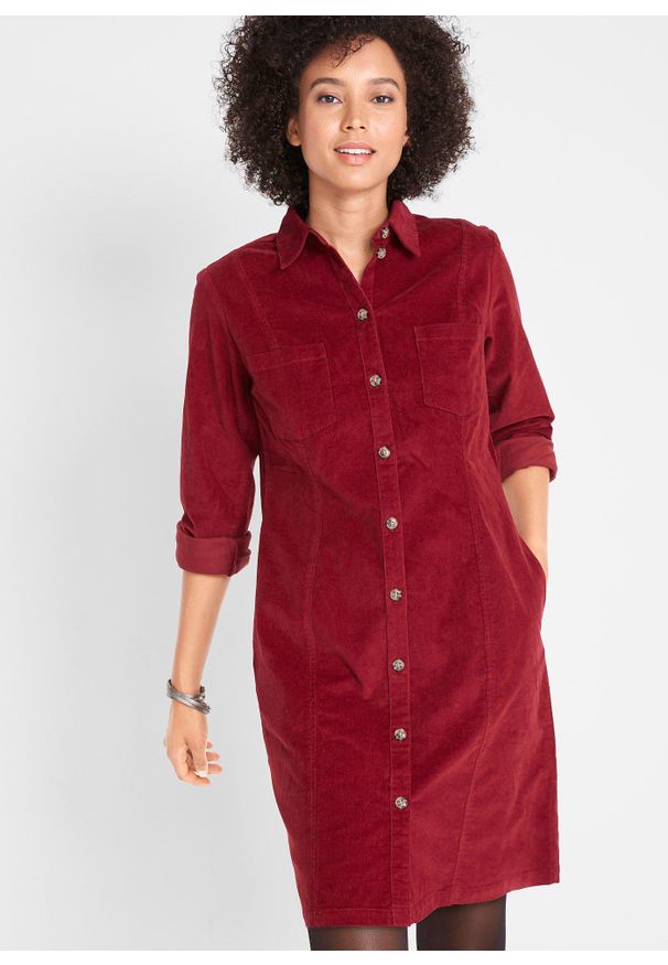 bonprix - Sukienka sztruksowa ze stretchem. Kolor: czerwony. Materiał: sztruks