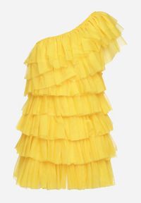 Born2be - Żółta Sukienka Mini na Jedno Ramię Asymetryczna z Falbankami Nomenta. Typ kołnierza: kołnierz z falbankami. Kolor: żółty. Typ sukienki: asymetryczne. Długość: mini #4