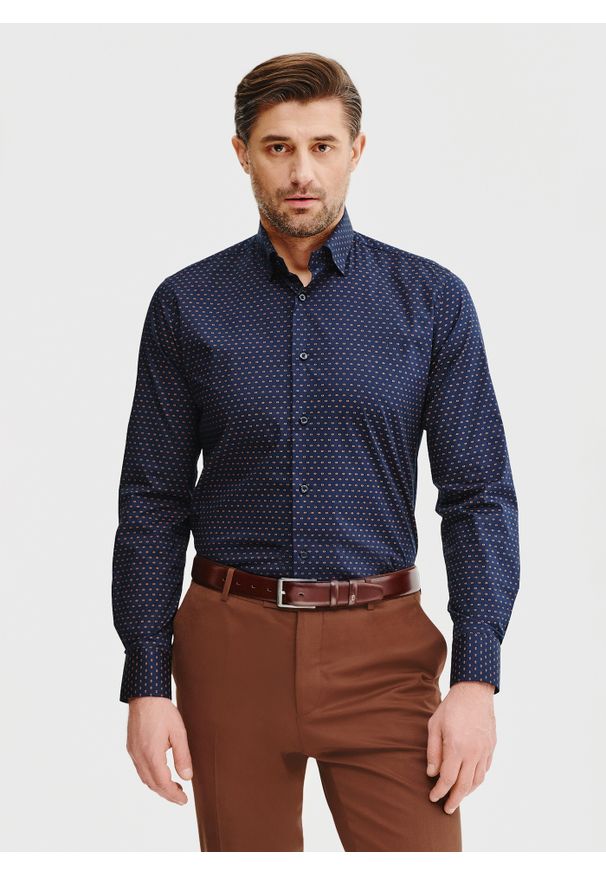Pako Lorente - PAKO LORENTE – Granatowa koszula męska mikrowzór. Kolor: niebieski. Materiał: bawełna, elastan. Długość rękawa: długi rękaw. Długość: długie. Sezon: wiosna, lato