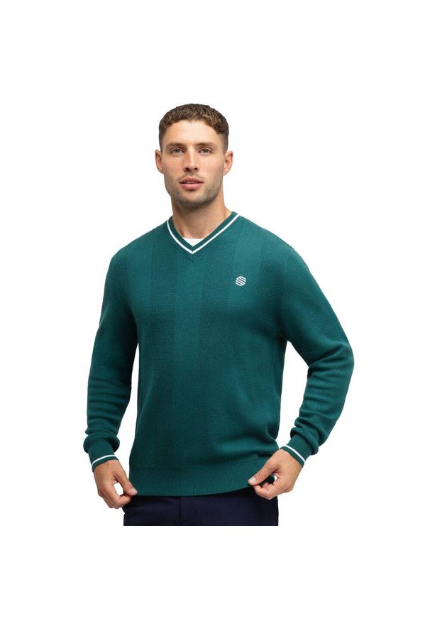 SIROKO - Męski sweter golfowy z dzianiny z dekoltem w serek Siroko Hagen Teal. Typ kołnierza: dekolt w serek. Kolor: zielony. Materiał: dzianina. Sport: golf