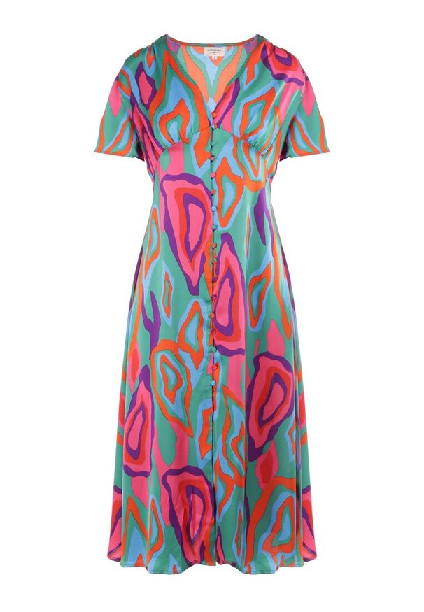 Born2be - Zielono-Różowa Sukienka Eudiche. Kolor: zielony. Wzór: nadruk, aplikacja. Sezon: lato. Długość: midi