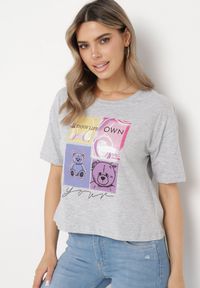 Born2be - Jasnoszary Bawełniany T-shirt z Ozdobnym Nadrukiem na Przodzie Sadla. Kolor: szary. Materiał: bawełna. Wzór: nadruk #4
