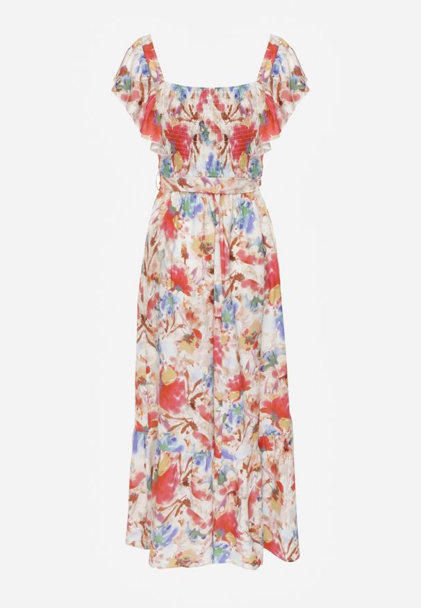 Renee - Beżowo-Różowa Kwiecista Sukienka z Wiskozy z Falbanką na Ramiączkach z Materiałowym Paskiem Nuclemia. Okazja: na co dzień. Typ kołnierza: dekolt kwadratowy, kołnierz z falbankami. Kolor: beżowy. Materiał: wiskoza, materiał. Długość rękawa: na ramiączkach. Sezon: lato. Styl: casual