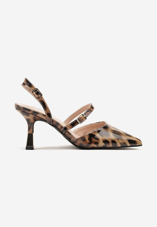 Renee - Panterkowe Szpilki Slingback Ozdobione Paskami i Metaliczną Wstawką Villexia. Okazja: na spotkanie biznesowe. Zapięcie: pasek. Materiał: lakier. Wzór: aplikacja. Obcas: na szpilce. Styl: klasyczny, elegancki, biznesowy. Wysokość obcasa: średni