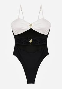 Born2be - Biało-Czarny Strój Kąpielowy Jednoczęściowy z Wycięciami i Ozdobnymi Metalicznymi Wstawkami Narilori. Kolor: biały #2