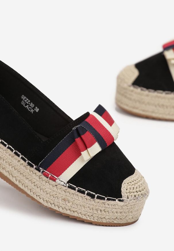 Born2be - Czarne Espadryle z Kokardką na Platformie z Plecionki Elisavia. Kolor: czarny. Obcas: na platformie. Styl: elegancki