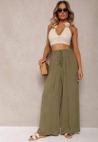 Renee - Ciemnozielone Szerokie Spodnie High Waist z Gumką w Talii Ilnena. Okazja: na co dzień. Stan: podwyższony. Kolor: zielony. Styl: klasyczny, elegancki, casual