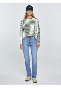 Big-Star - Bluzka damska w paski beżowo-zielone Alerra 304. Okazja: na co dzień. Kolor: zielony. Materiał: dzianina, jeans. Wzór: paski. Styl: casual