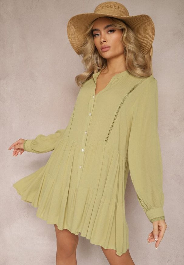 Renee - Zielona Rozkloszowana Sukienka Koszulowa Mini w Stylu Boho Binessa. Kolor: zielony. Typ sukienki: koszulowe. Styl: boho. Długość: mini