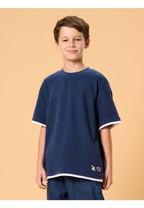 Sinsay - Bawełniana koszulka z krótkim rękawem - niebieski. Kolor: niebieski. Materiał: bawełna. Długość rękawa: krótki rękaw. Długość: krótkie