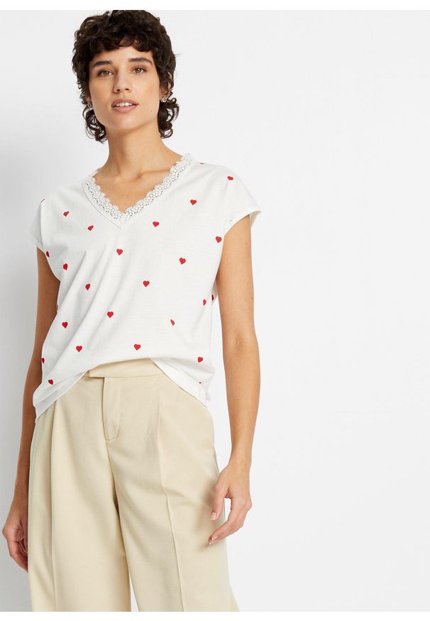 bonprix - T-shirt z czystej bawełny. Typ kołnierza: dekolt w serek. Kolor: biały. Materiał: bawełna. Wzór: nadruk