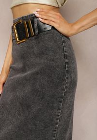 Renee - Czarna Jeansowa Spódnica Midi Bawełniana z Ażurowym Paskiem i Klamrą Allerio. Kolor: czarny. Materiał: jeans, bawełna. Wzór: ażurowy. Styl: elegancki