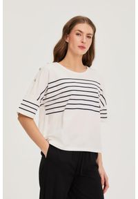 MOODO - Bluza w paski biała. Kolor: biały. Materiał: elastan, bawełna. Wzór: paski #1