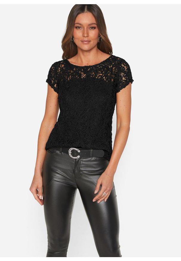 bonprix - Bluzka z koronki. Kolor: czarny. Materiał: koronka. Wzór: koronka. Styl: elegancki