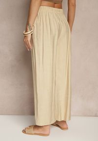 Renee - Beżowe Spodnie z Wiskozy High Waist o Szerokim Kroju Divlise. Okazja: na co dzień. Stan: podwyższony. Kolor: beżowy. Materiał: wiskoza. Styl: elegancki, casual #5