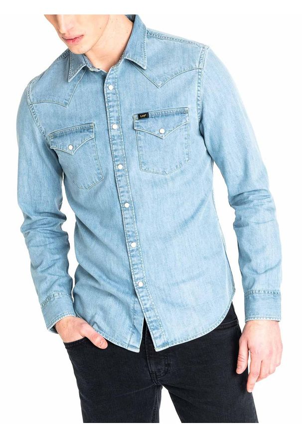 Lee - LEE WESTERN SHIRT MĘSKA KOSZULA JEANSOWA Z DŁUGIM RĘKAWEM LOGO HEATHER BLUE L643PLLI 112115421. Materiał: jeans. Długość rękawa: długi rękaw. Długość: długie