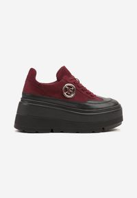 Born2be - Czarno-Bordowe Sneakersy Vices na Platformie Zdobione Okrągłą Aplikacją Wodvire. Okazja: na co dzień, na spacer. Nosek buta: okrągły. Kolor: czarny. Materiał: jeans. Szerokość cholewki: normalna. Wzór: aplikacja. Obcas: na platformie. Sport: turystyka piesza #5